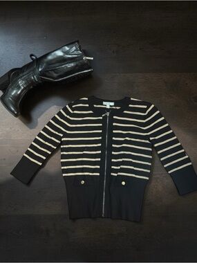 Spense Black and Cream Striped Zip-Front Cardigan